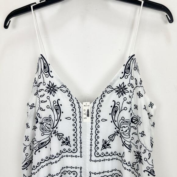 Madewell Embroidered Deep V Neck Midi Dress Bandana Boho White Navy Large NWT - Picture 11 of 16